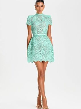 NADINE MERABI Mint Lace High-Neck Fit & Flare Mini Dress